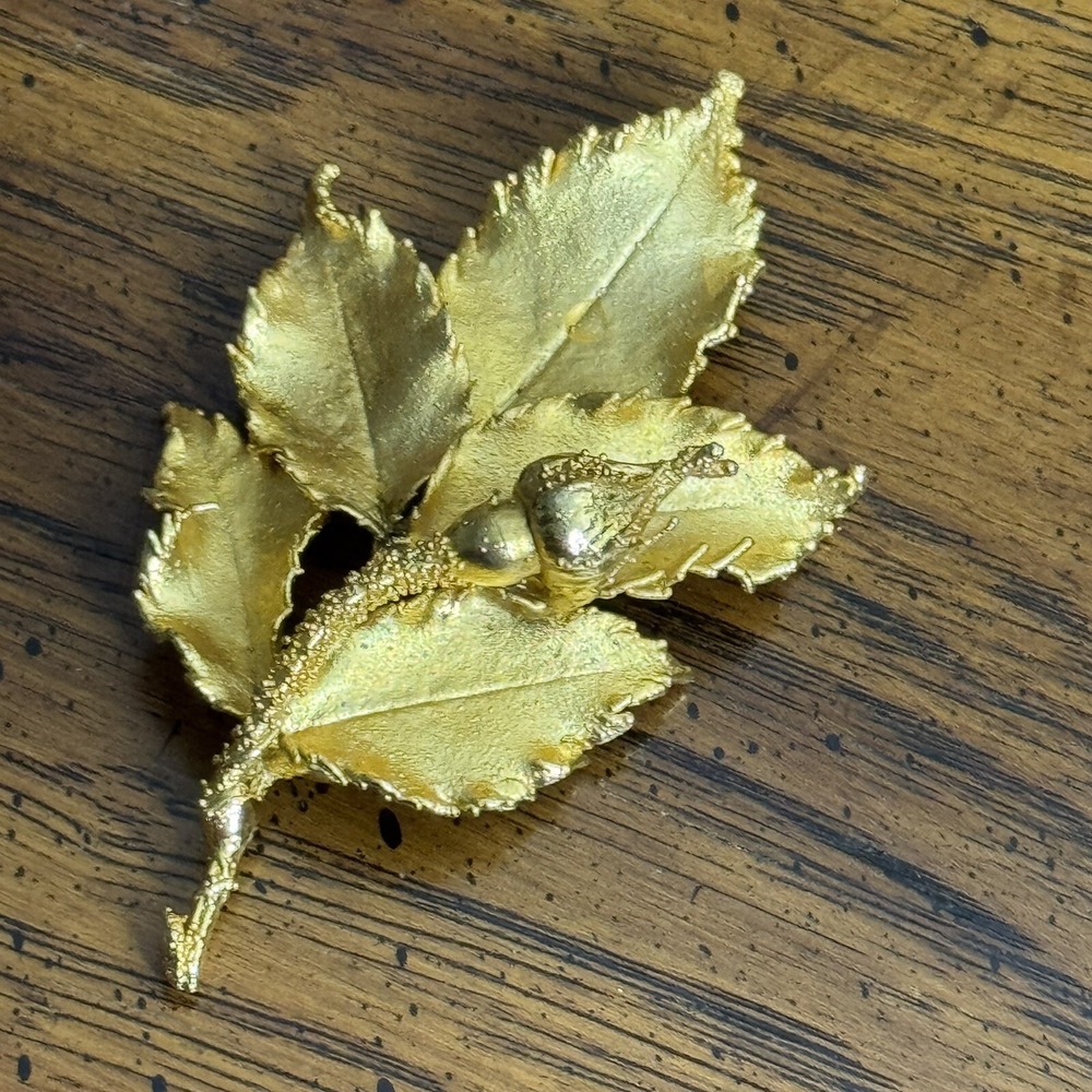 Vintage 24 Karat Gold Plated Vienna Wood Rose Bud on a Leaf Pin Austria